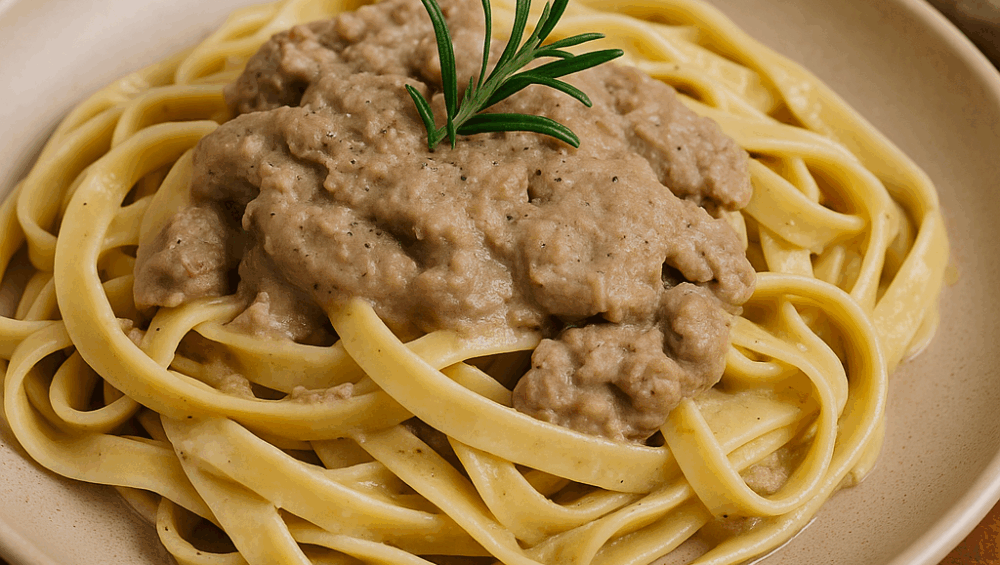 Fettucine z białą kiełbasą w kasztanowym kremie