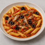 penne z sardynkami, pomidorami i czarnymi oliwkami
