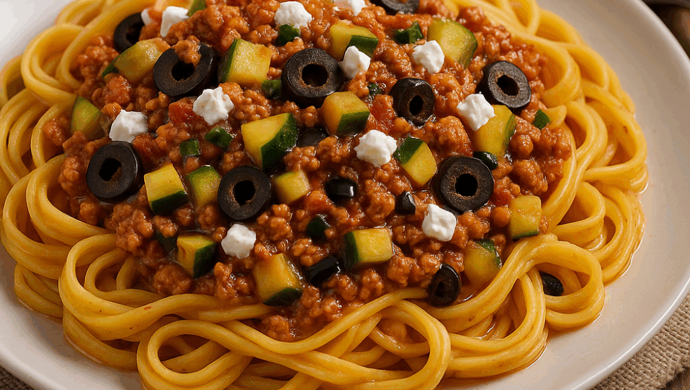 Tagliatelle z mielonym i cukinią po grecku