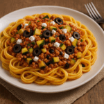 Tagliatelle z mielonym i cukinią po grecku